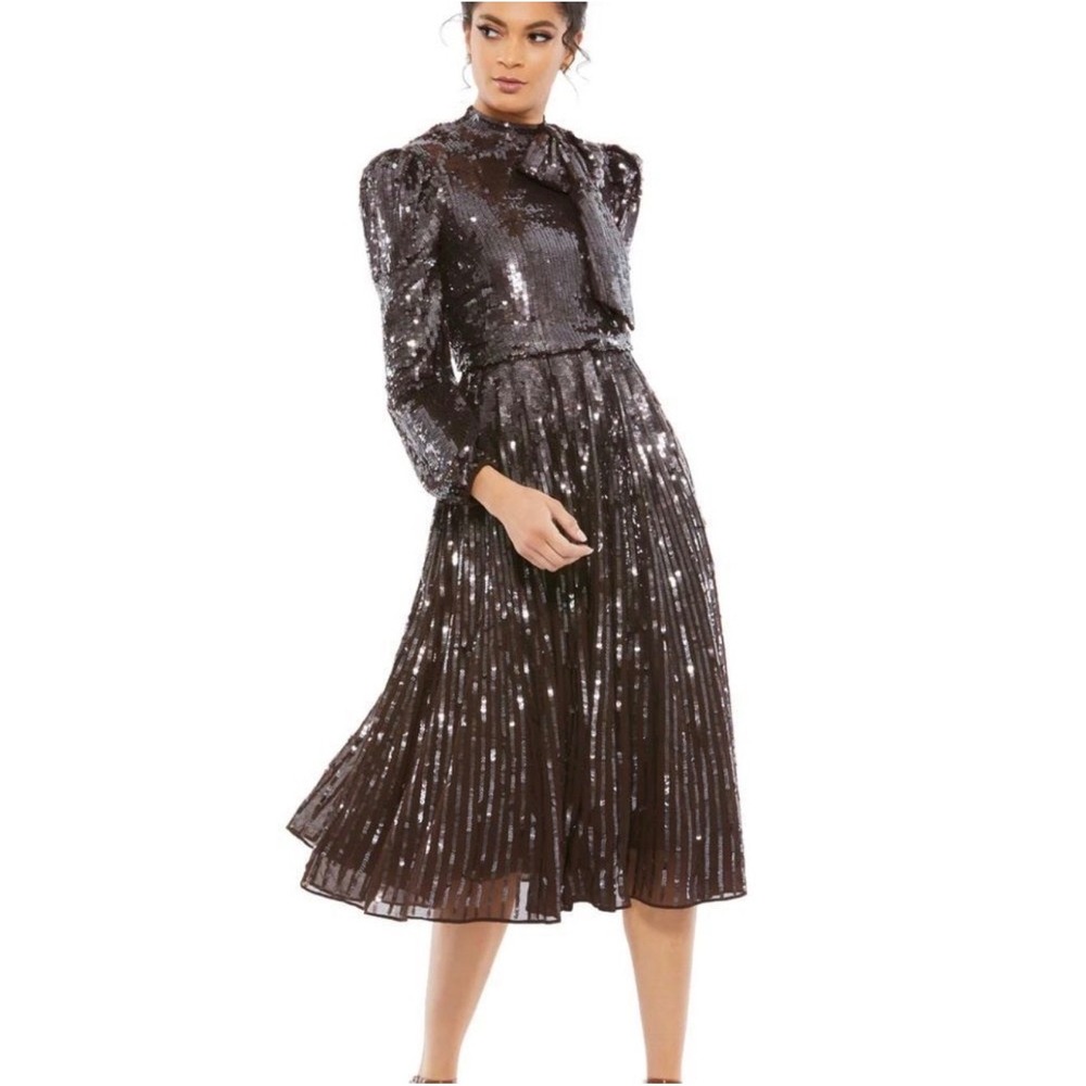 Mac Duggal 93642 Chocolate Sequin Long Sleeve Tea Length Dress Size 12 NWT $598